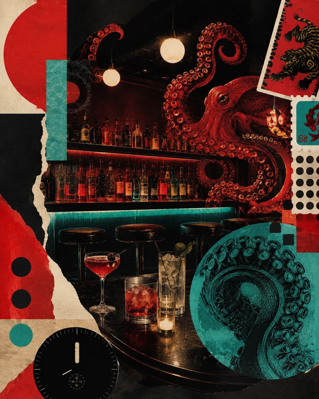 Red poster artwork with octopus motif