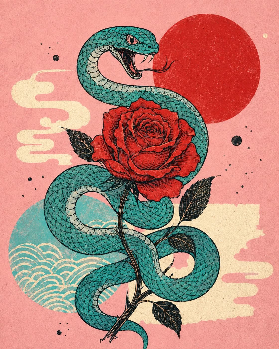 Pink poster artwork with snake motif